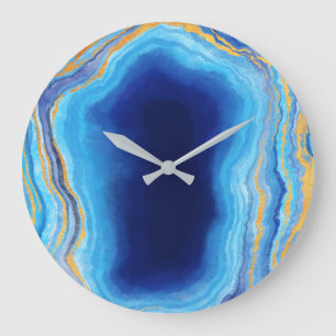Abstract deep blue and gold marbleised geode large clock