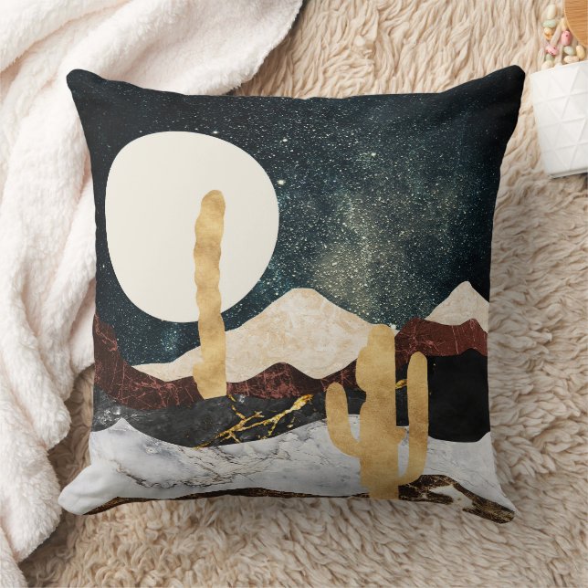 Abstract Desert Night Sky with Golden Cactus Cushion (Blanket)