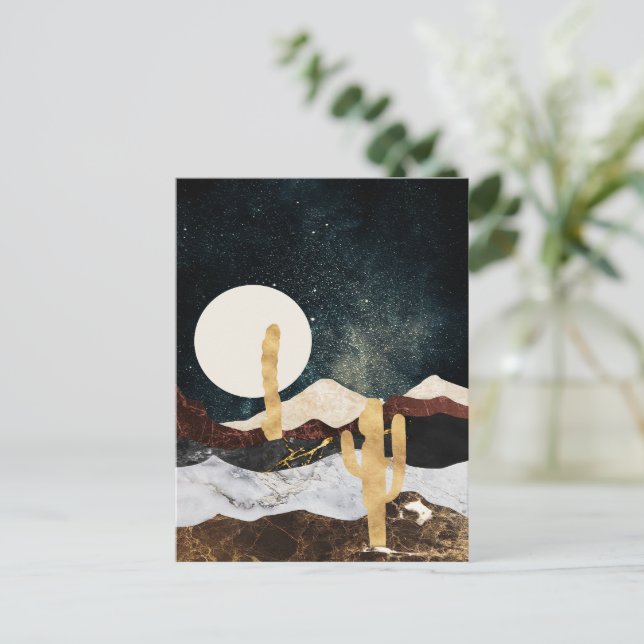 Abstract Desert Night Sky with Golden Cactus Postcard (Standing Front)