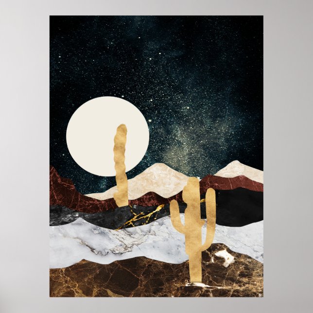 Abstract Desert Night Sky with Golden Cactus Poster (Front)