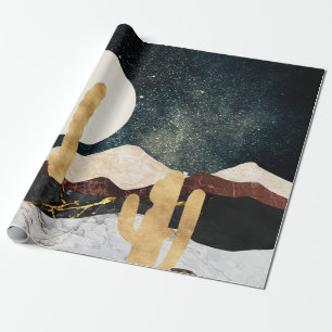 Abstract Desert Night Sky with Golden Cactus Wrapping Paper