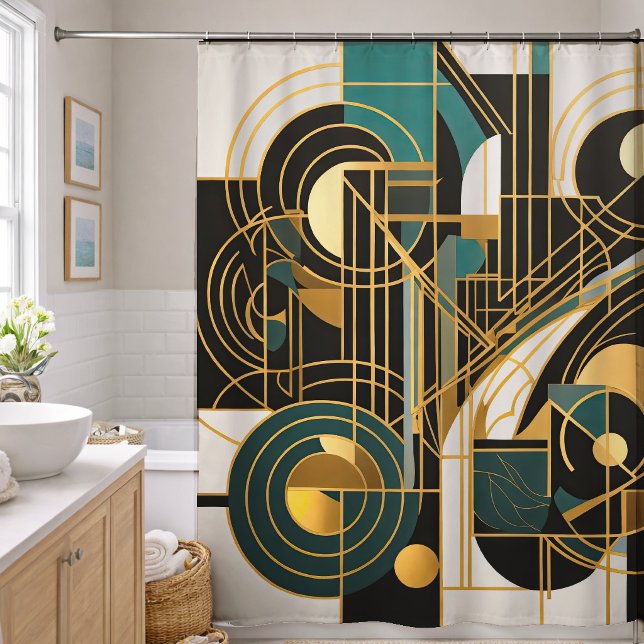 Abstract Design Black Grey Gold Teal Shower Curtain (Creator Uploaded)