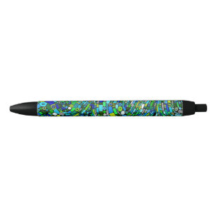 Abstract Design Blue Green Waves Shapes Black Ink Pen