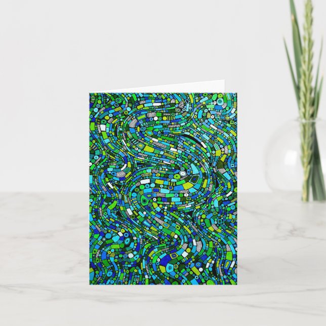 Abstract Design Blue Green Waves Shapes Folded Note Card (Front)