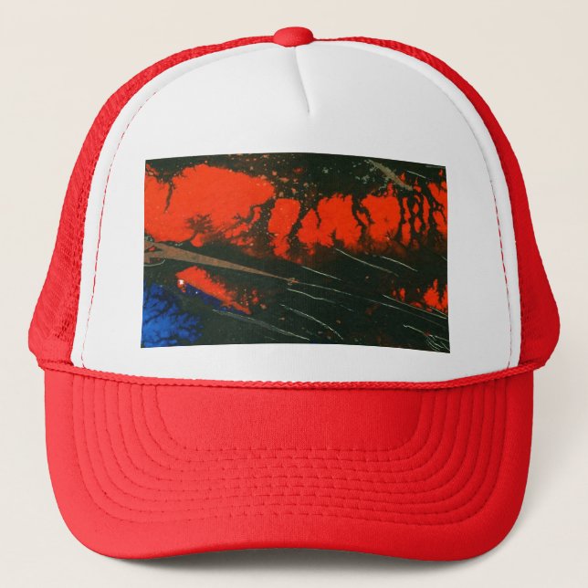 Abstract design in hot red & cool blue trucker hat (Front)