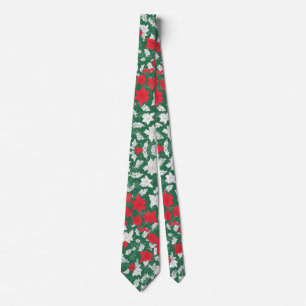 Abstract design of poinsettia and Christmas roses Tie
