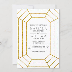Abstract diamond jewel gold glitter white wedding invitation