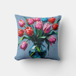 Abstract Digital Painting – Colorful Tulip Bouquet Cushion