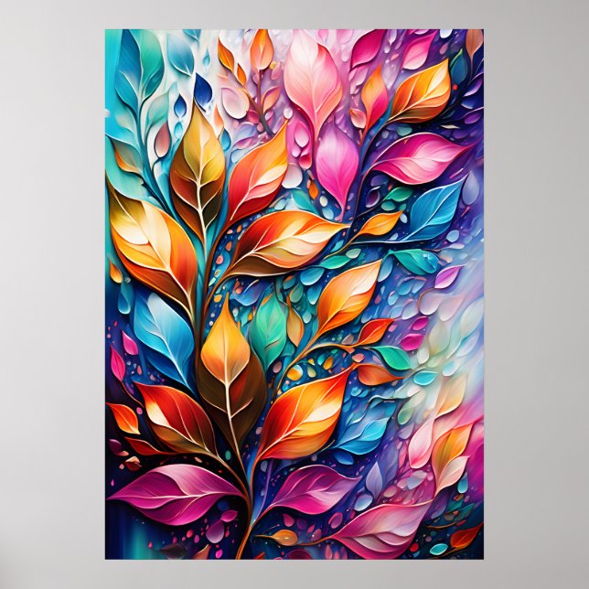 Abstract Digital Wall Art, Leaves Vibrant Colours  Poster (Front)