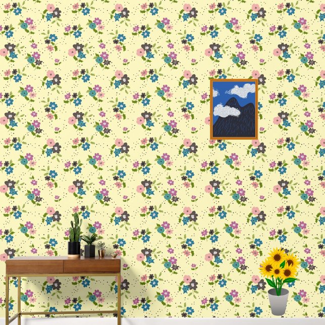 Abstract Ditsy Flowers on Light Yellow Background Wallpaper (Creator Uploaded)