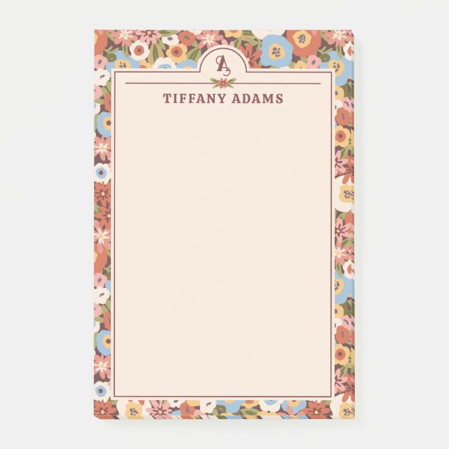 Abstract Ditsy Flowers Retro Monogram Name Post-it Notes (Front)