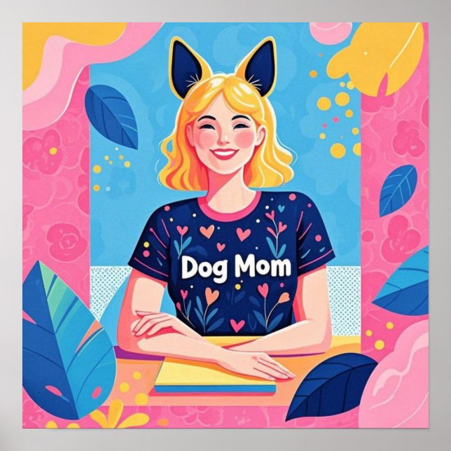 Abstract dog mum in pink blue  poster (Front)
