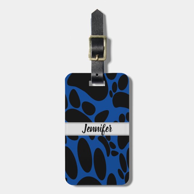 Abstract Dog Pawprint Blue Custom Name Luggage Tag (Front Vertical)