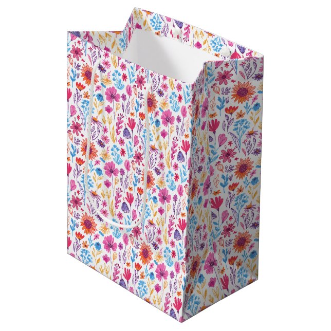 Abstract Doodle Art Flowers Pink Blue Orange Red Medium Gift Bag (Front Angled)
