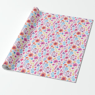 Abstract Doodle Art Flowers Pink Blue Orange Red Wrapping Paper