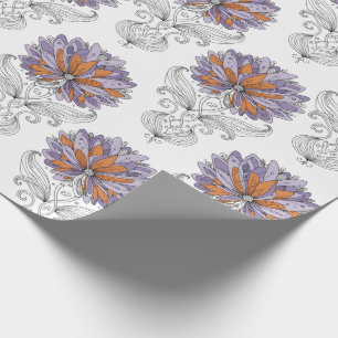Abstract Doodle Art Style Flowers Purple Orange Wrapping Paper