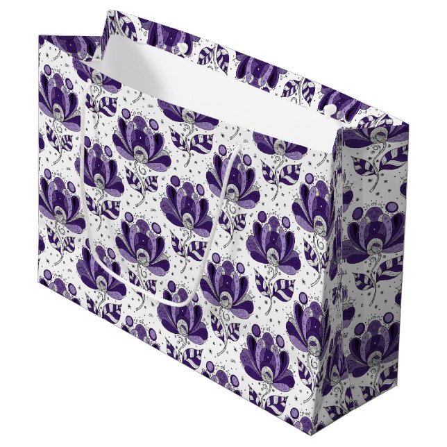 Abstract Doodle Art Style Flowers Shades of Purple Large Gift Bag (Front Angled)