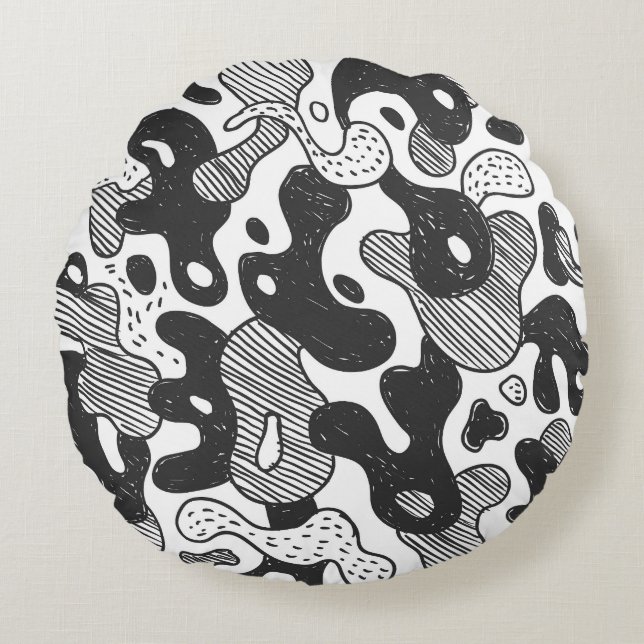 Abstract Doodle Camouflage Black Style Round Cushion (Front)