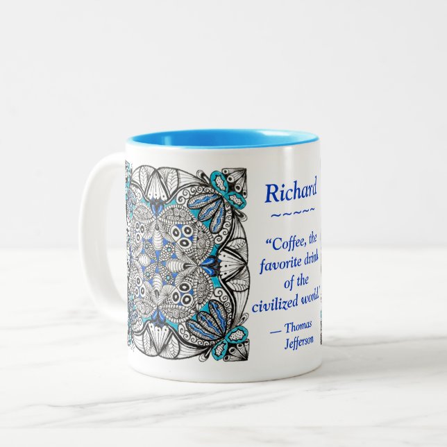 Abstract Doodle with Blue and Jefferson Quote Mug (Front Left)