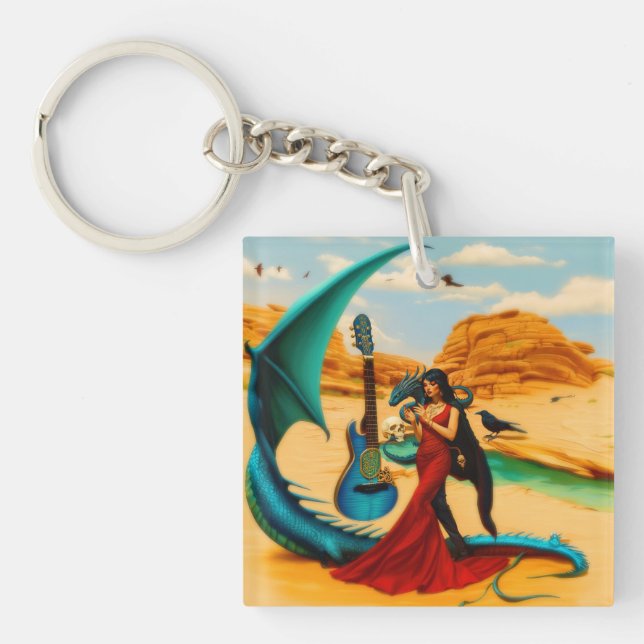 Abstract Dragon Skull Occult Dark Witchy AI Art Key Ring (Front)