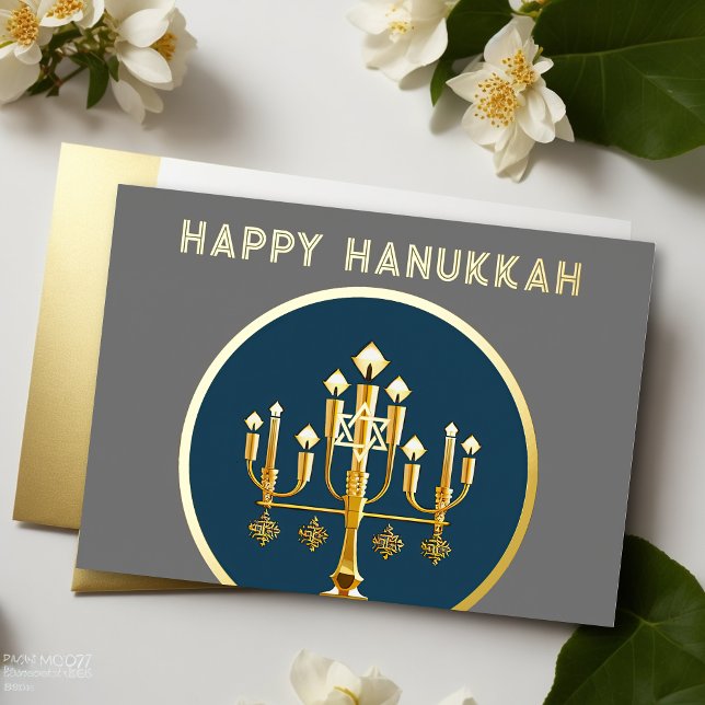Abstract Drawing of Menorah Gold Blue Modern Holiday Card (Creator Uploaded)