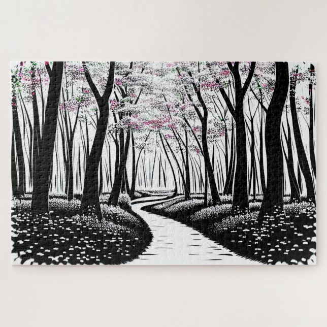 Abstract Drawing Silhouette Trees with Purple Jigsaw Puzzle (Horizontal)