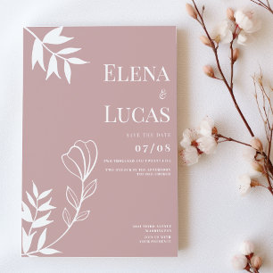 Abstract dusty rose white sketch floral wedding invitation