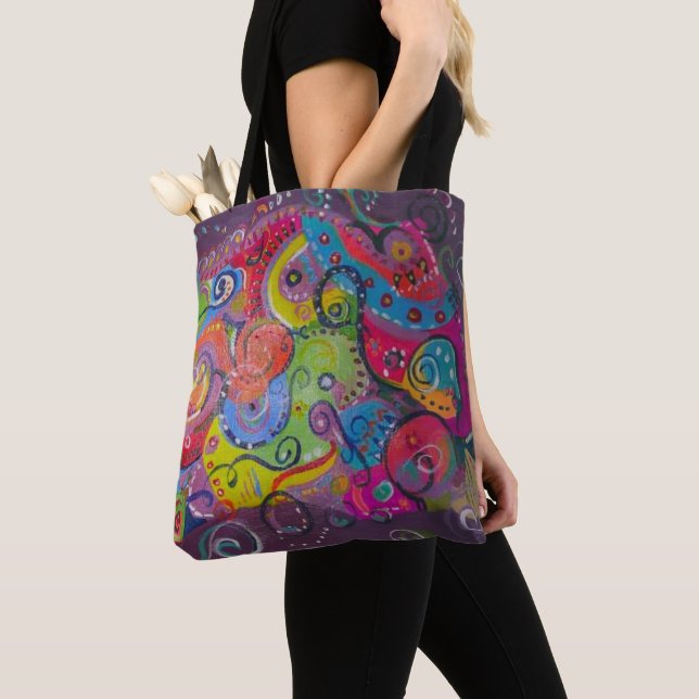 Abstract eggplant and colour swirl painting on tote bag (Close Up)