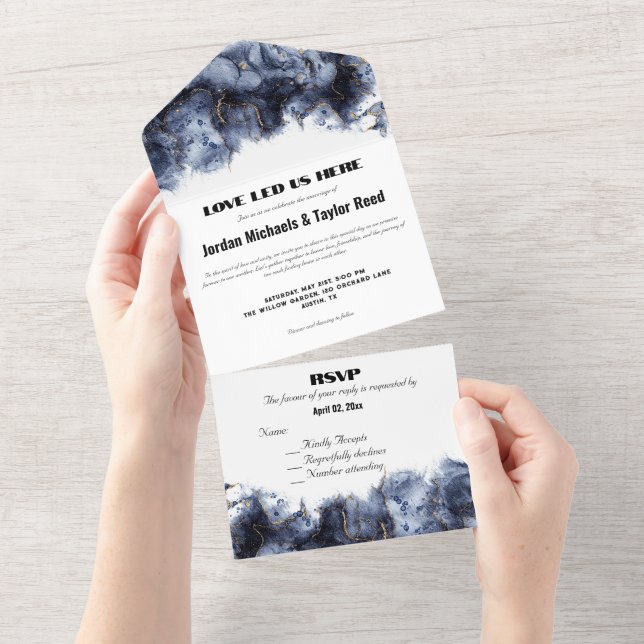 Abstract Elegance LGBTQ Deep Blue Gold Marble All In One Invitation (Tearaway)
