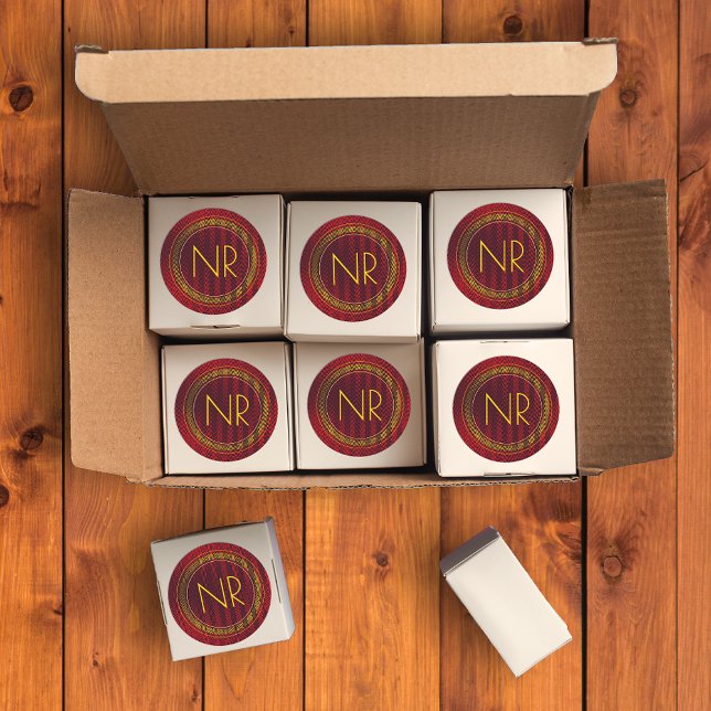 Abstract Elegant Masculine Red Yellow Monogrammed Classic Round Sticker (Creator Uploaded)