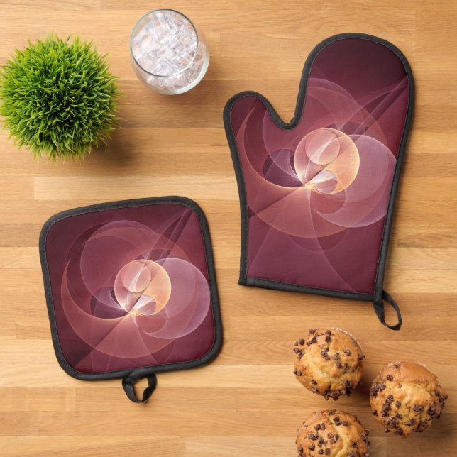 Abstract Elegant Modern Wine Red Fractal Art Oven Mitt & Pot Holder Set (Top Down)
