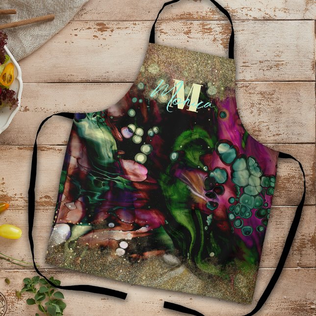 Abstract Elegant Organic Gold Glittery Monogrammed Apron (Creator Uploaded)