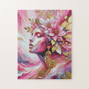 Abstract Elegant woman's face pinks leaves Jigsaw Puzzle