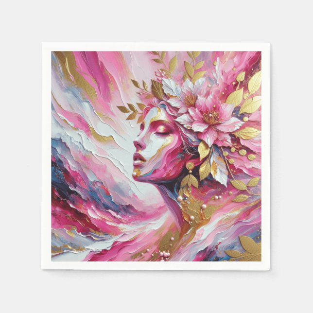 Abstract Elegant woman's face pinks leaves  Napkin (Front)