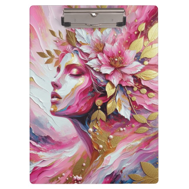 Abstract Elegant woman's face pinks leaves poster Clipboard (Front)