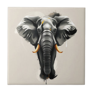 Abstract Elephant with Gold Tusks in Neutral Toned Tile