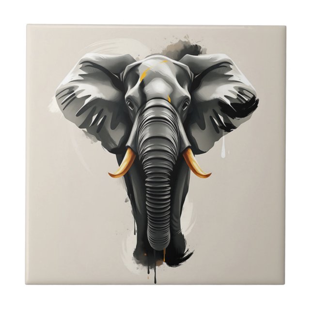 Abstract Elephant with Gold Tusks in Neutral Toned Tile (Front)