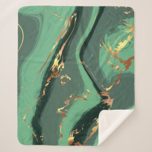Abstract Emerald & Gold Leaf Pattern  Sherpa Blanket