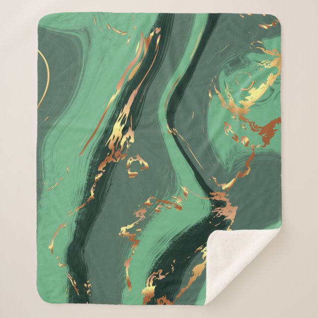 Abstract Emerald & Gold Leaf Pattern  Sherpa Blanket (Front)
