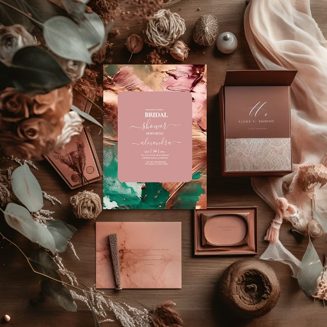 Abstract emerald green rose gold bridal invitation (Creator Uploaded)