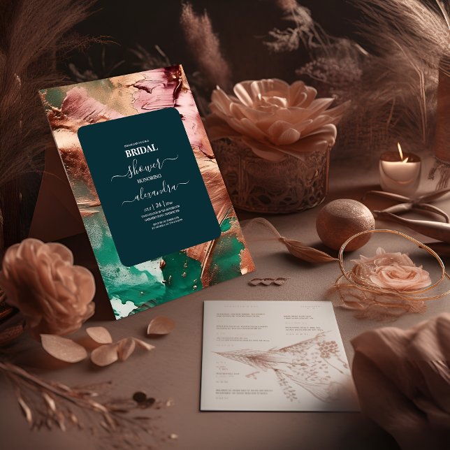 Abstract emerald green rose gold bridal invitation (Creator Uploaded)