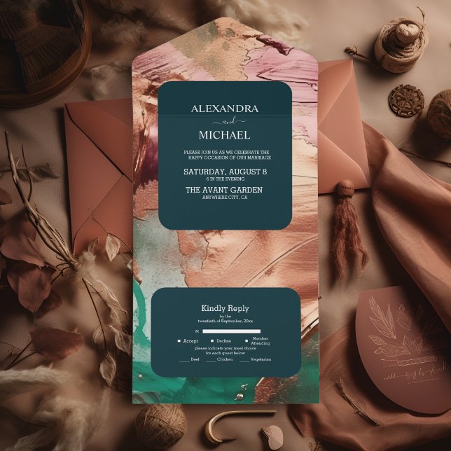 Abstract emerald green rose gold wedding all in one invitation (Creator Uploaded)