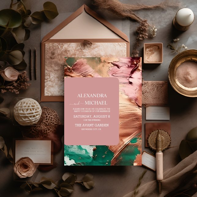 Abstract emerald green rose gold wedding invitation (Creator Uploaded)