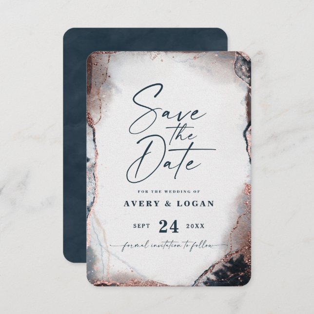 Abstract Ethereal Navy & Rose Gold Wedding Save The Date (Front/Back)