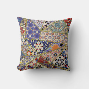 Abstract ethnic spanish tile patchwork hand drawn, cushion