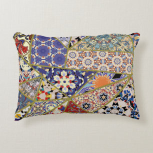 Abstract ethnic spanish tile patchwork hand drawn, decorative cushion