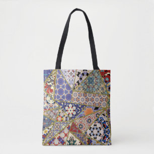 Abstract ethnic spanish tile patchwork hand drawn, tote bag