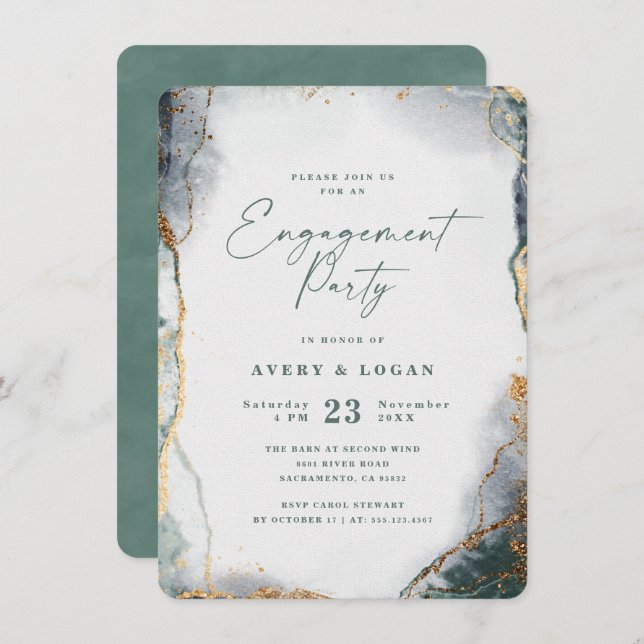 Abstract Eucalyptus Green & Gold Engagement Party Invitation (Front/Back)