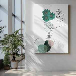 Abstract face art pressed green flowers  canvas print