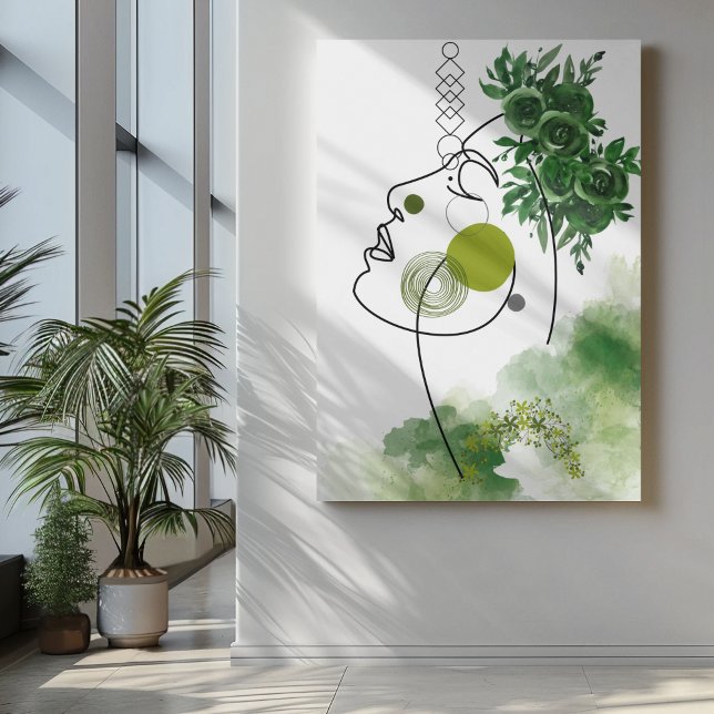 Abstract face art with crown of green flowers canvas print (Creator Uploaded)